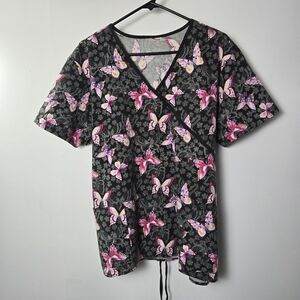 White Cross Black V-Neck Short Sleeve Top with Pink Butterfly Print